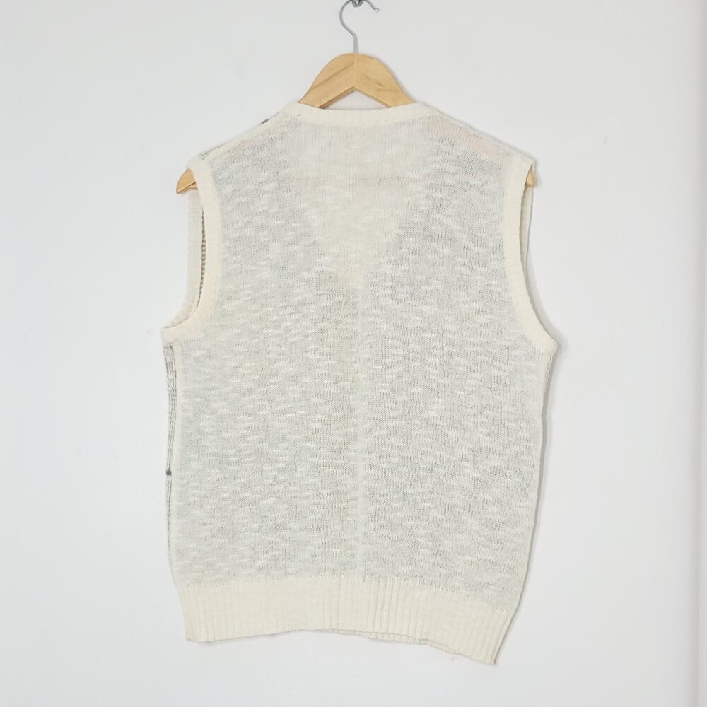 Vintage Knitted Ivory Yellow Striped Green Cotton Blend V-Neck Sleeveless Vest - Picture 6 of 10
